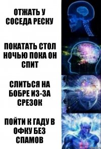 Отжать у соседа реску покатать стол ночью пока он спит слиться на бобре из-за срезок пойти к гаду в офку без спамов