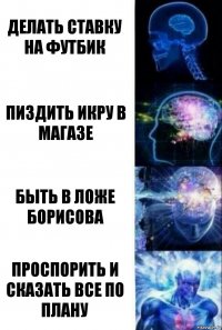 Делать ставку на футбик Пиздить икру в магазе Быть в ложе Борисова Проспорить и сказать Все по плану