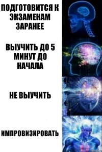 Подготовится к экзаменам заранее Выучить до 5 минут до начала Не выучить Импровизировать