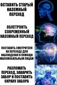 оставить старый наземный переход обустроить современный наземный переход поставить смотрителя на переходе для наблюдения и помощи маломобильным лицам разломать переход, заварить забор и поставить охрану забора