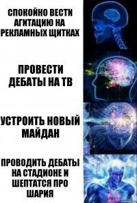 спокойно вести агитацию на рекламных щитках провести дебаты на ТВ устроить новый майдан проводить дебаты на стадионе и шептатся про шария