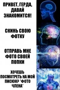 Привет, Герда, давай знакомится! Скинь свою фотку Отправь мне фото своей попки Хочешь посмотреть на мой писюн? *фото члена*