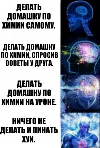 Делать домашку по химии самому. Делать домашку по химии, спросив ооветы у друга. Делать домашку по химии на уроке. Ничего не делать и пинать хуи.