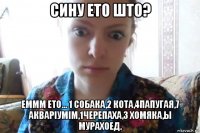 сину ето што? еммм ето... 1 собака,2 кота,4папугая,7 акваріумім,1черепаха,3 хомяка,ы мурахоед.