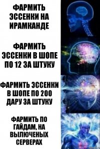 Фармить эссенки на ирамканде Фармить эссенки в шопе по 12 за штуку Фармить эссенки в шопе по 200 дару за штуку Фармить по Гайдам, на вылюченых серверах