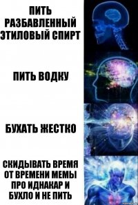 Пить разбавленный этиловый спирт Пить водку Бухать жестко Скидывать время от времени мемы про иднакар и бухло и не пить