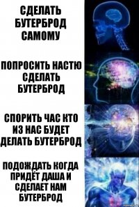 Сделать бутерброд самому Попросить Настю
сделать бутерброд Спорить час кто из нас будет делать бутерброд Подождать когда придёт Даша и сделает нам бутерброд