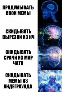 Придумывать свои мемы Скидывать вырезки из кч Скидывать срачи из мир чата Скидывать мемы из андеграунда