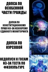 Допса по особенной части гражды Допса по конституционному праву из-за невовремя сданного мониторинга Допса по курсовой Недопуск к госам из-за теста по физкультуре