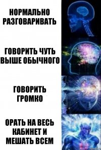 Нормально разговаривать Говорить чуть выше обычного Говорить громко Орать на весь кабинет и мешать всем