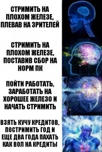 стримить на плохом железе, плевав на зрителей стримить на плохом железе, поставив сбор на норм ПК пойти работать, заработать на хорошее железо и начать стримить взять кучу кредитов, постримить год и еще два года пахать как вол на кредиты