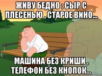 живу бедно : сыр с плесенью , старое вино... машина без криши , телефон без кнопок...