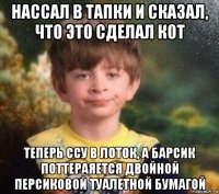 нассал в тапки и сказал, что это сделал кот теперь ссу в лоток, а барсик поттераяется двойной персиковой туалетной бумагой