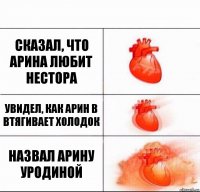 Сказал, что Арина любит Нестора Увидел, как Арин в втягивает холодок Назвал Арину уродиной