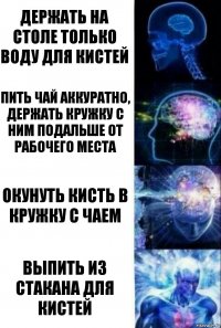 Держать на столе только воду для кистей Пить чай аккуратно, держать кружку с ним подальше от рабочего места Окунуть кисть в кружку с чаем выпить из стакана для кистей