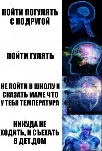 пойти погулять с подругой пойти гулять не пойти в школу и сказать маме что у тебя температура Никуда не ходить, и съехать в дет.дом