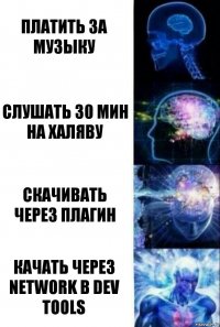 Платить за музыку Слушать 30 мин на халяву Скачивать через плагин Качать через network в dev tools