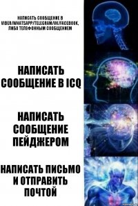 написать сообщение в viber/whatsapp/telegram/vk/facebook, либо телефонным сообщением написать сообщение в ICQ написать сообщение пейджером написать письмо и отправить почтой