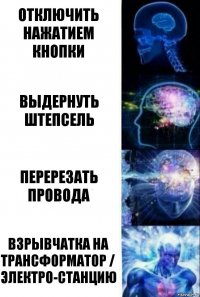 Отключить нажатием кнопки Выдернуть штепсель Перерезать провода Взрывчатка на трансформатор / электро-станцию