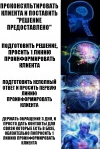 Проконсультировать клиента и поставить "решение предоставлено" Подготовить решение, просить 1 линию проинформировать клиента Подготовить неполный ответ и просить первую линию проинформировать клиента Держать обращение 3 дня, и просто дать контакты для связи которые есть в базе, обязательно попросить 1 линию проинформировать клиента