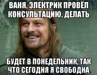 ваня, электрик провёл консультацию, делать будет в понедельник, так что сегодня я свободна