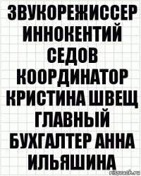 звукорежиссер Иннокентий Седов координатор Кристина Швещ главный бухгалтер Анна Ильяшина