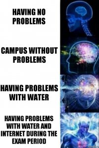 Having no problems Campus without problems Having problems with water Having problems with water and internet during the exam period