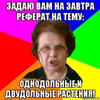 задаю вам на завтра реферат на тему: однодольные и двудольные растения!