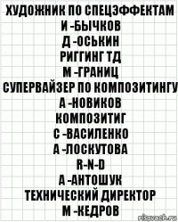 художник по спецэффектам
И -Бычков
Д -Оськин
риггинг ТД
М -Границ
супервайзер по композитингу
А -Новиков
композитиг
С -Василенко
А -Лоскутова
R-n-d
А -Антошук
технический директор
М -Кедров