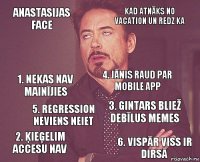 Anastasijas face kad atnāks no vacation un redz ka 1. nekas nav mainījies 2. ķieģelim accesu nav 3. gintars bliež debīlus memes 4. Jānis raud par mobile app 5. regression neviens neiet 6. VISPĀR VISS IR DIRSĀ  