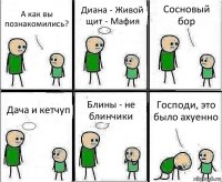 А как вы познакомились? Диана - Живой щит - Мафия Сосновый бор Дача и кетчуп Блины - не блинчики Господи, это было ахуенно