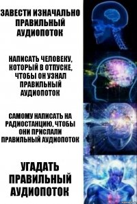 Завести изначально правильный аудиопоток Написать человеку, который в отпуске, чтобы он узнал правильный аудиопоток Самому написать на радиостанцию, чтобы они прислали правильный аудиопоток Угадать правильный аудиопоток