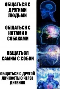 Общаться с другими людьми Общаться с котами и собаками Общаться самим с собой Общаться с другой личностью через дневник