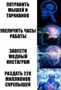 Потравить мышей и тараканов Увеличить часы работы Завести модный инстаграм Раздать 220 миллионов скрепышей