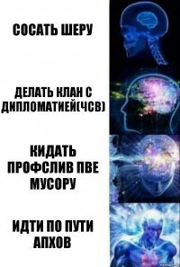 сосать шеру делать клан с дипломатией(чсв) кидать профслив пве мусору идти по пути апхов