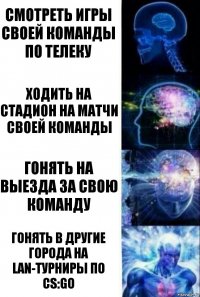 Смотреть игры своей команды по телеку Ходить на стадион на матчи своей команды Гонять на выезда за свою команду Гонять в другие города на LAN-турниры по CS:GO