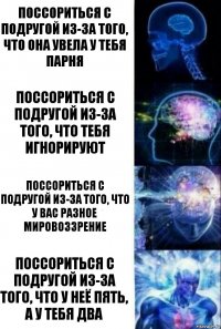 Поссориться с подругой из-за того, что она увела у тебя парня Поссориться с подругой из-за того, что тебя игнорируют Поссориться с подругой из-за того, что
У вас разное мировоззрение Поссориться с подругой из-за того, что у неё пять, а у тебя два