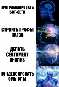 Программировать бот-сети Строить графы НАГов Делать сентимент анализ Конденсировать смыслы