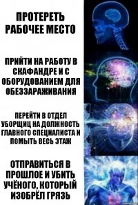 Протереть рабочее место Прийти на работу в скафандре и с оборудованием для обеззараживания Перейти в отдел уборщиц на должность главного специалиста и помыть весь этаж Отправиться в прошлое и убить учёного, который изобрёл грязь