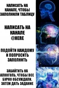 Написать на канале, чтобы заполнили таблицу Написать на канале
@here Подойти каждому и попросить заполнить Забайтить на алкоголь, чтобы все бурно обсуждали. Затем дать задание