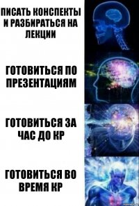 Писать конспекты и разбираться на лекции Готовиться по презентациям Готовиться за час до кр Готовиться во время кр