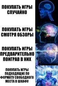 Покупать игры случайно Покупать игры смотря обзоры Покупать игры предварительно поиграв в них Покупать игры подходящие по формату свободного места в шкафу