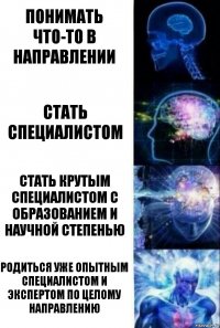 понимать что-то в направлении стать специалистом стать крутым специалистом с образованием и научной степенью родиться уже опытным специалистом и экспертом по целому направлению