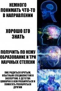 немного понимать что-то в направлении хорошо его знать получить по нему образование и три научных степени уже родиться крутым, опытным специалистом и экспертом, с детства шикарно в нем разбираться и помогать разобраться другим