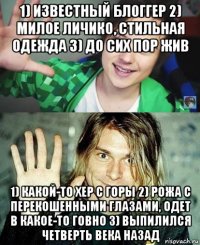 1) известный блоггер 2) милое личико, стильная одежда 3) до сих пор жив 1) какой-то хер с горы 2) рожа с перекошенными глазами, одет в какое-то говно 3) выпилился четверть века назад