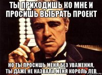 ты приходишь ко мне и просишь выбрать проект но ты просишь меня без уважения, ты даже не назвала меня король лев