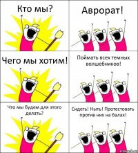 Кто мы? Аврорат! Чего мы хотим! Поймать всех темных волшебников! Что мы будем для этого делать? Сидеть! Ныть! Протестовать против них на балах!