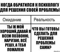 Когда обратился к психологу для решения своей проблемы Ты ж мой хороший,давай я всем позвоню, наругаю, Всё решу, а тебя пожалею Что вы готовы сделать для решения проблемы сами?