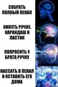 Собрать полный пенал Кинуть ручку, карандаш и ластик Попросить у брата ручку Нассать в пенал и оставить его дома