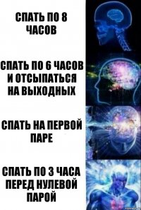 Спать по 8 часов спать по 6 часов и отсыпаться на выходных спать на первой паре спать по 3 часа перед нулевой парой